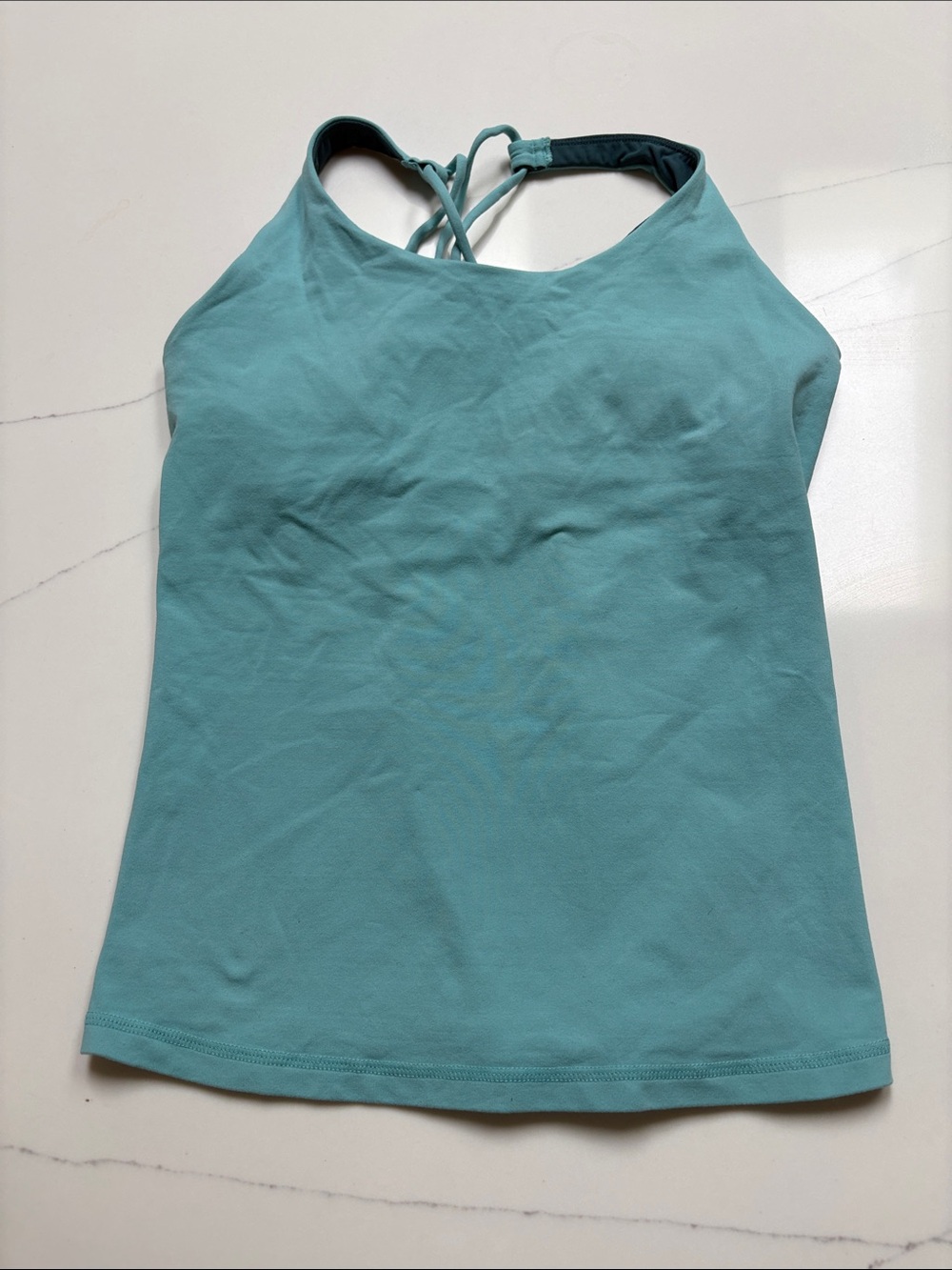 Prana Light Teal Crisscross back tank, built in shelf bra